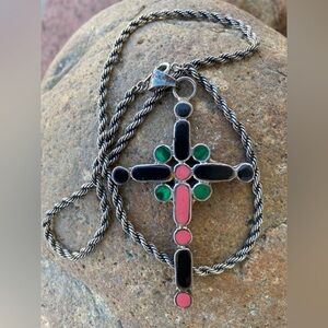 Stone Age big bold inlay cross sterling silver necklace